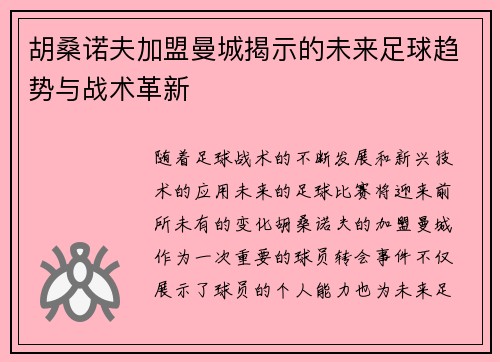 胡桑诺夫加盟曼城揭示的未来足球趋势与战术革新 胡桑诺夫加盟曼城揭示的未来足球趋势与战术革新
