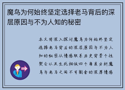 魔鸟为何始终坚定选择老马背后的深层原因与不为人知的秘密