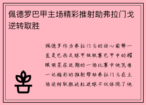 佩德罗巴甲主场精彩推射助弗拉门戈逆转取胜